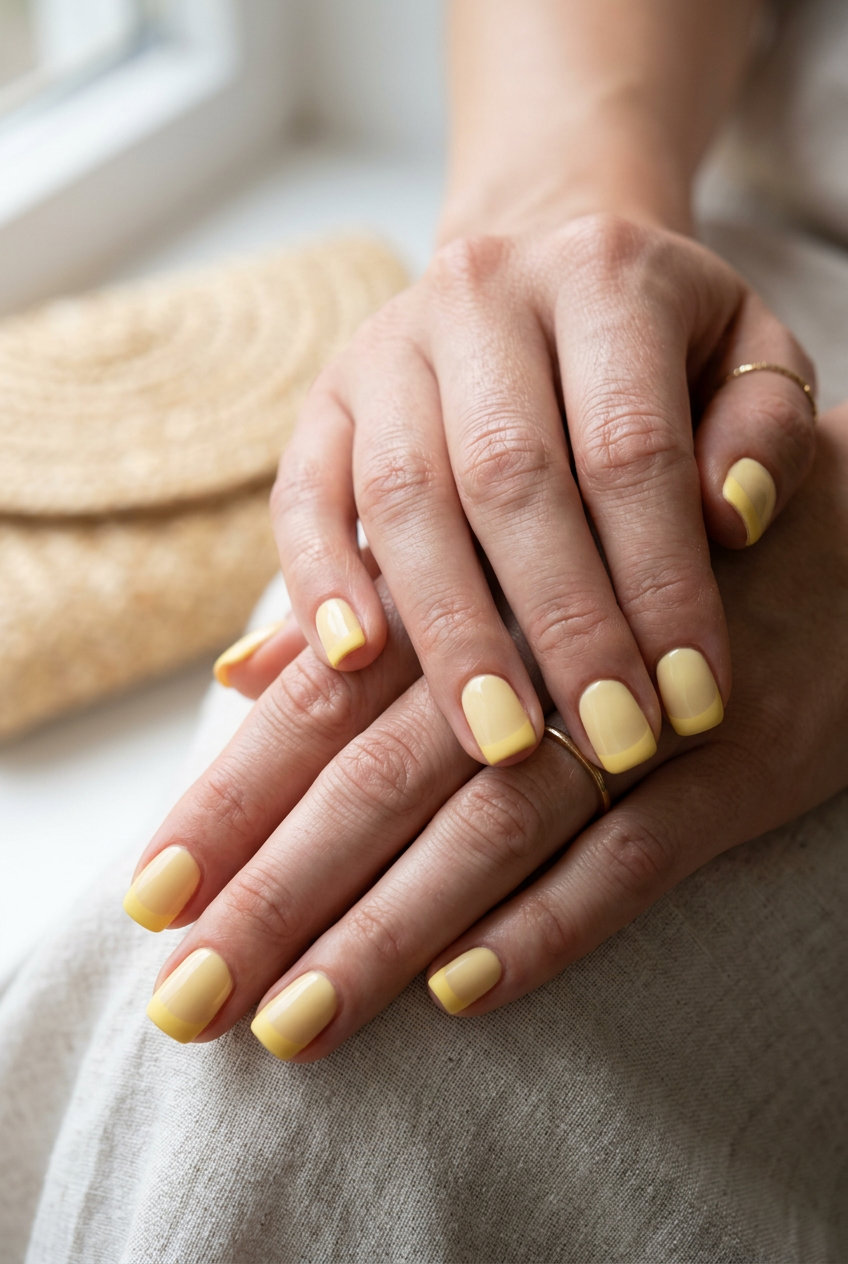 Butter Yellow Matte French Nails 2026 | Chic Retro Style Butter Yellow Matte French nails for summer holiday nails 2026. Retro, chic casual summer event style.