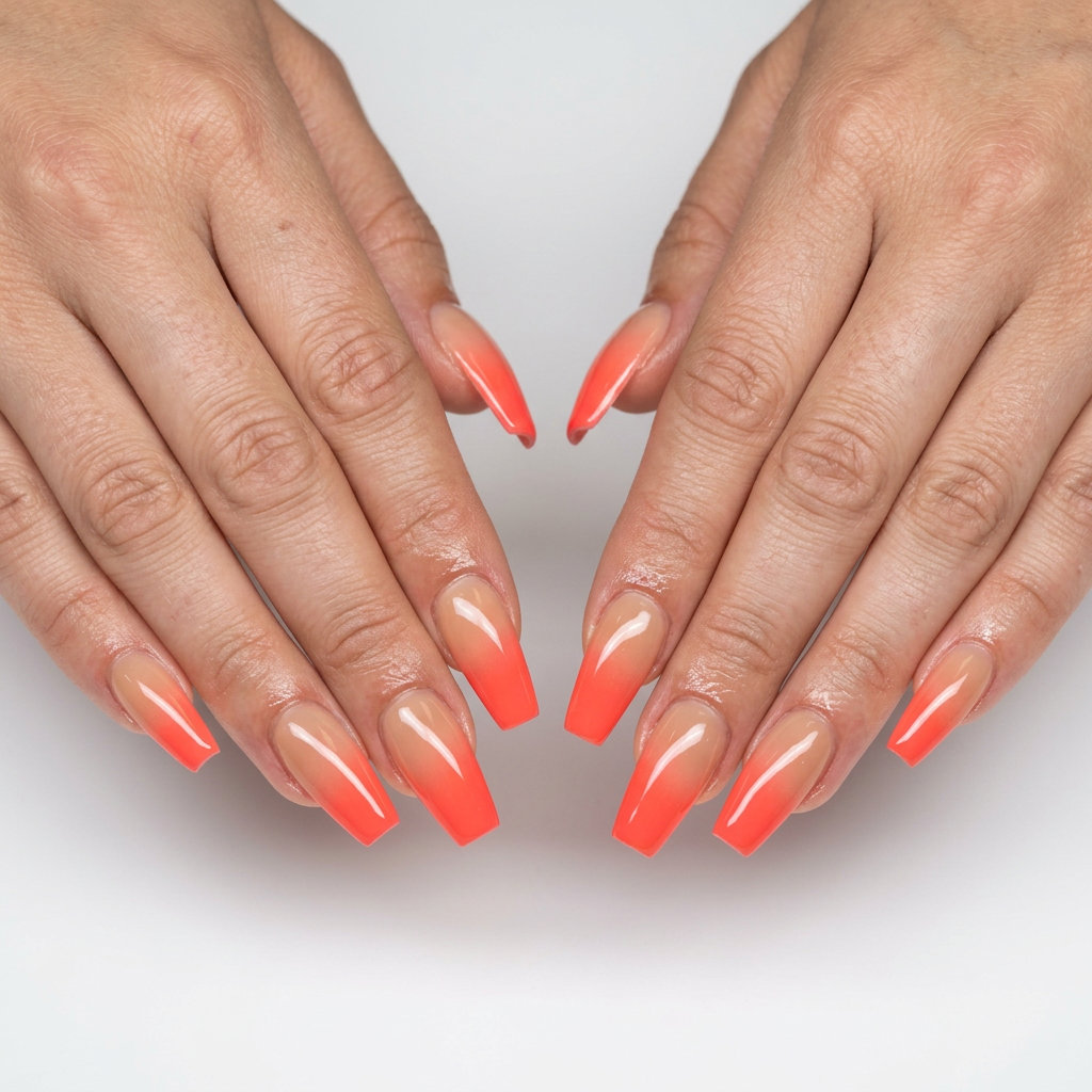 Coral Sunset Ombre Nails 2026: Vibrant Summer Vivid coral sunset ombre nails on medium soft square shape for summer holiday nails 2026.