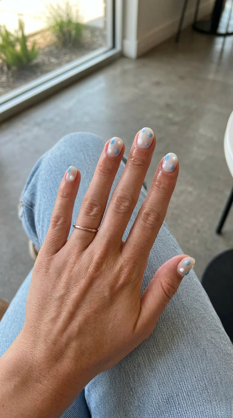 Icy Blue Dewdrop Nails 2026 | Whimsical Summer Fun Icy Blue & White Abstract Dewdrops nails for summer holiday nails 2026. Playful, whimsical beach vacation style.