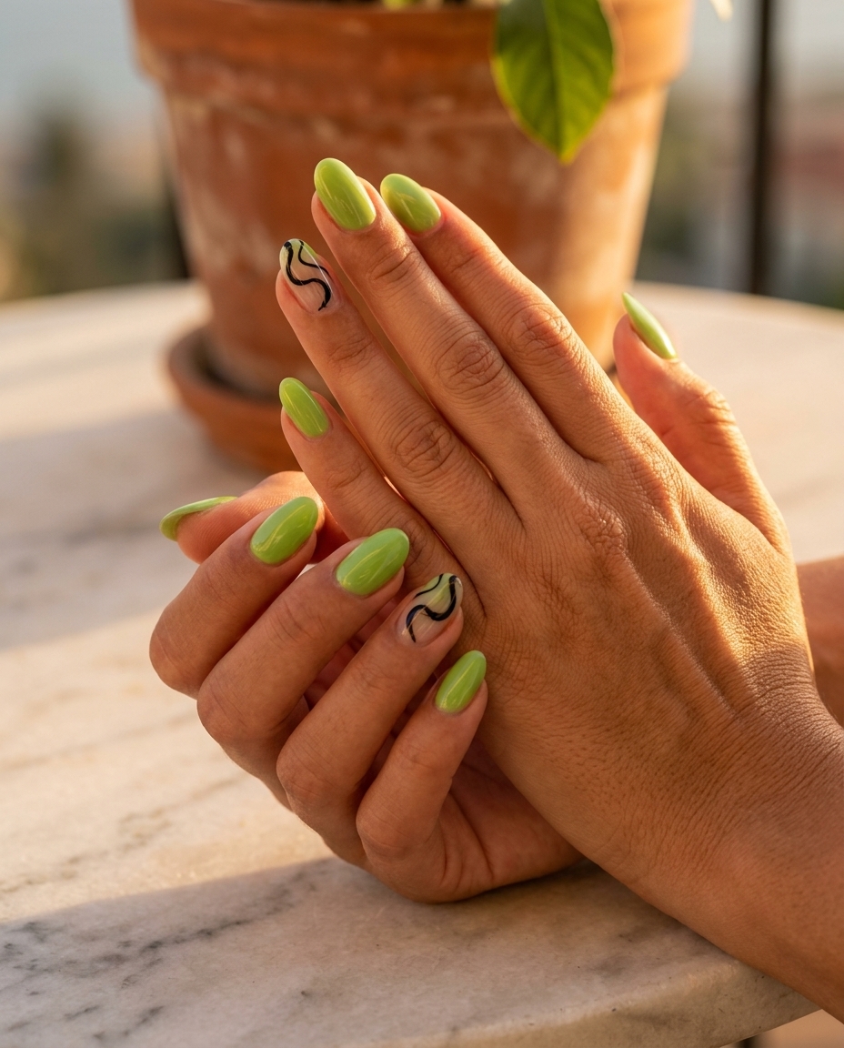 Lime Green Abstract Swirl Nails 2026 | Edgy Festival Look Lime Green Abstract Swirls Squoval nails for summer holiday nails 2026. Playful, artistic festival style.