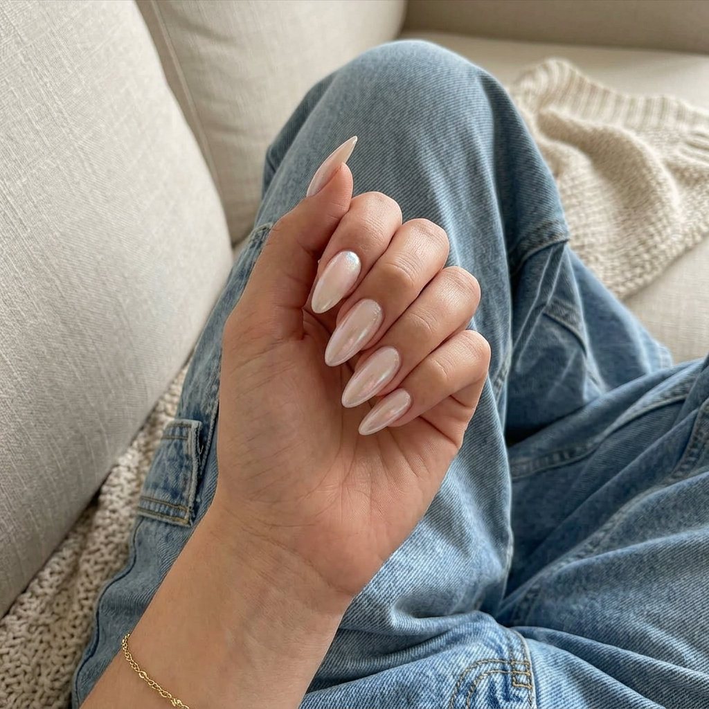 Nude Glazed Donut Stiletto Nails 2026 | Vacation Chic Nude Glazed Donut Stiletto Shimmer nails for summer holiday nails 2026. Sophisticated, elegant vacation style.