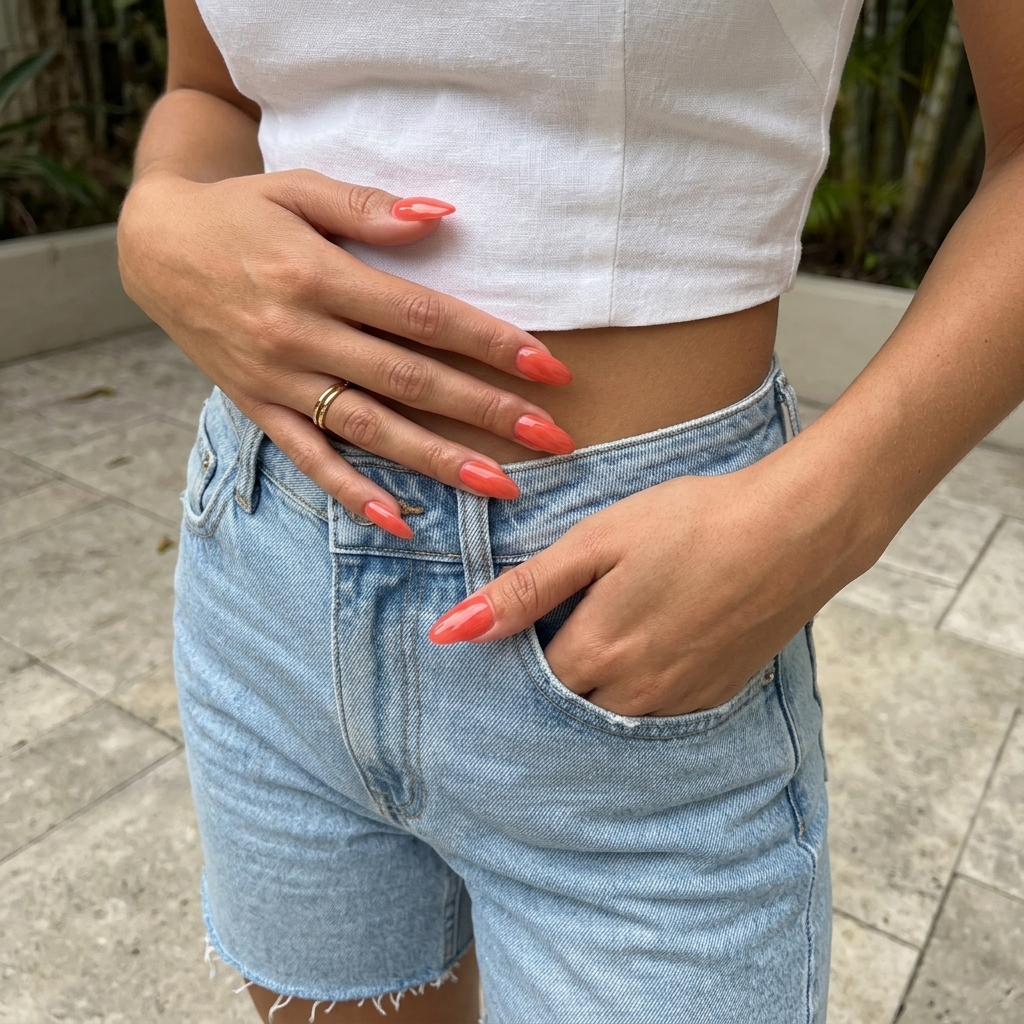 Sheer Coral Jelly Almond Nails 2026 | Beach Vacation Ready Sheer Coral Jelly Almond Glaze nails for summer holiday nails 2026. Relaxed, radiant beach vacation style.