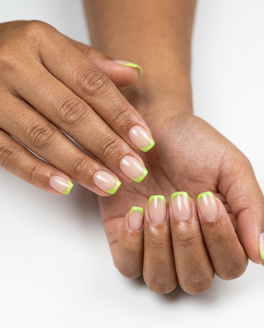 Zesty Micro French Nails 2026 | Edgy Summer Style Zesty Micro French nails: lime green tips on clear base for summer holiday nails 2026. Edgy, minimalist style.