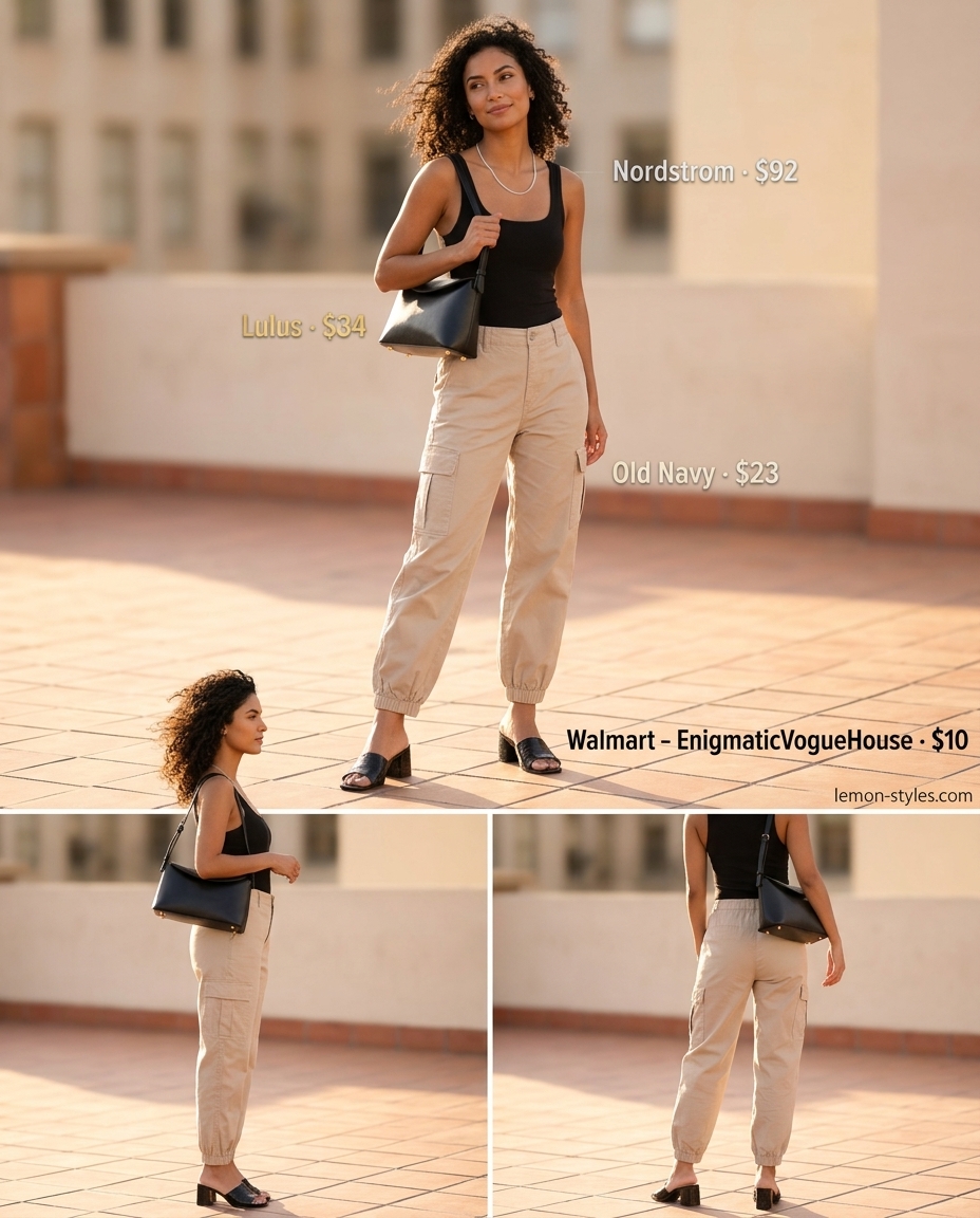 Summer Mule Outfits for Women 2026: Stone beige cargo set with chunky black mules for a trendy casual look.