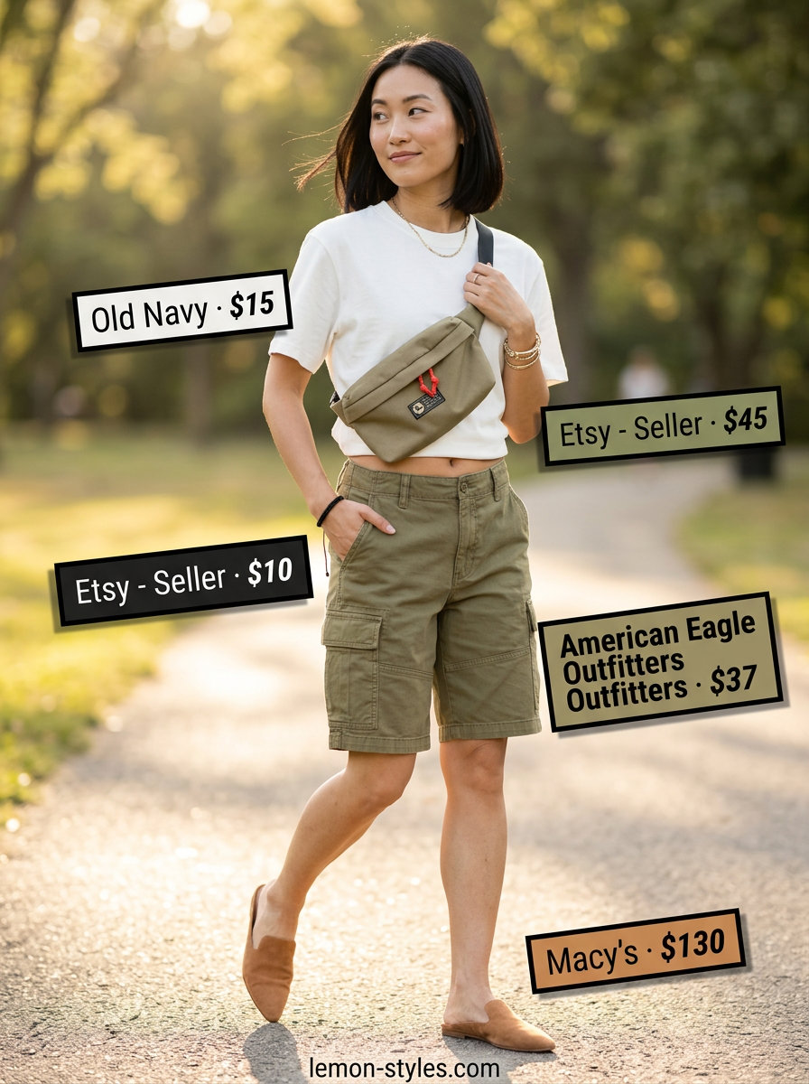Summer Mule Outfits for Women 2026: Olive cargo shorts, white graphic tee, and tan slip-on mules for weekend casual.