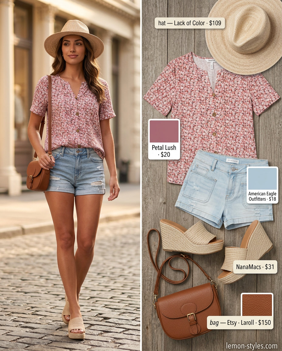 Summer Mule Outfits for Women 2026: Denim shorts, floral blouse, and espadrille mules for a sunny weekend.