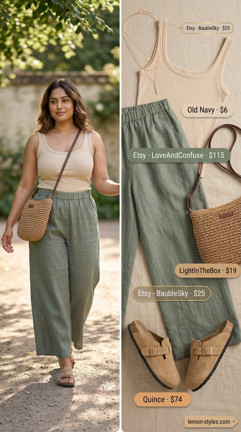 Summer Mule Outfits for Women 2026: Sage green linen pants, cream tank, and woven crossbody for casual chic.