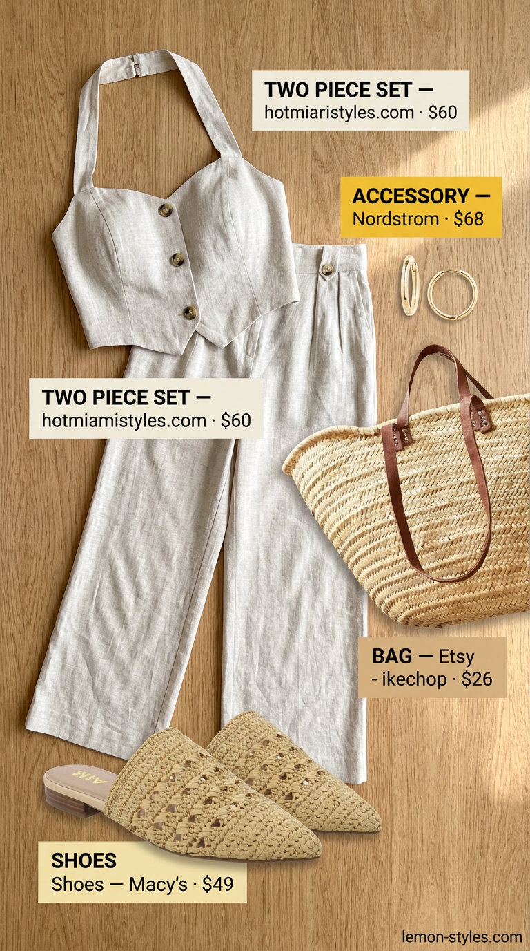 Summer Mule Outfits for Women 2026: Ivory linen set, beige mules, and straw tote for resort wear.