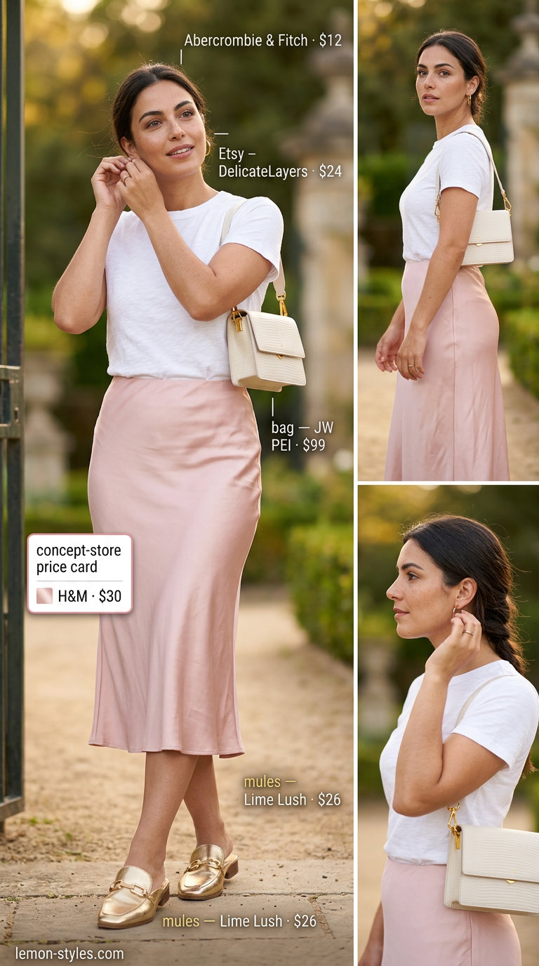 Summer Mule Outfits for Women 2026: Blush pink midi skirt, white tee, and gold flat mules for a daytime date.