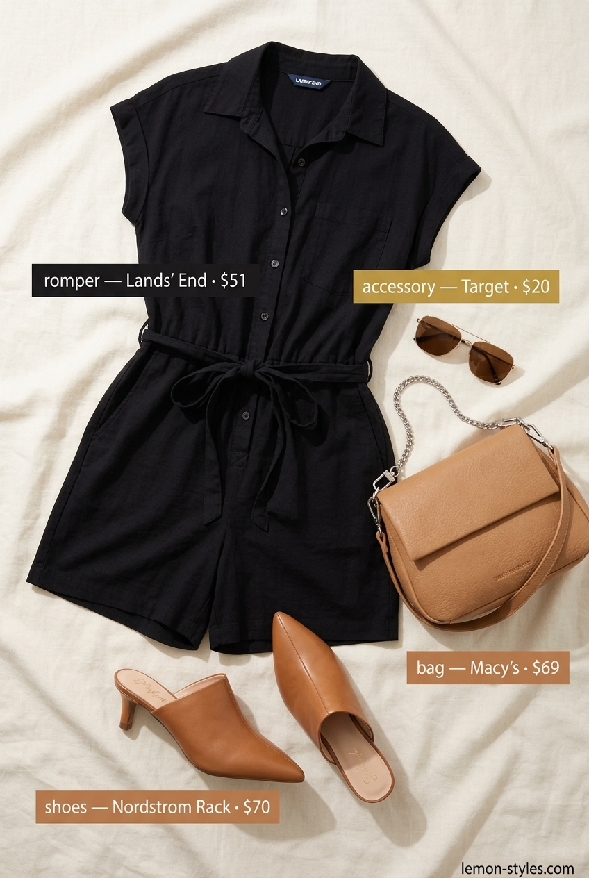 Summer Mule Outfits for Women 2026: Black romper, tan crossbody bag, and tan block heel mules for city exploration.