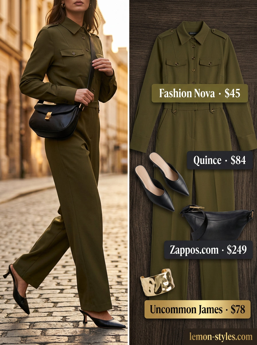 Summer Mule Outfits for Women 2026: Olive utility jumpsuit, black leather crossbody, and black mules for chic style.