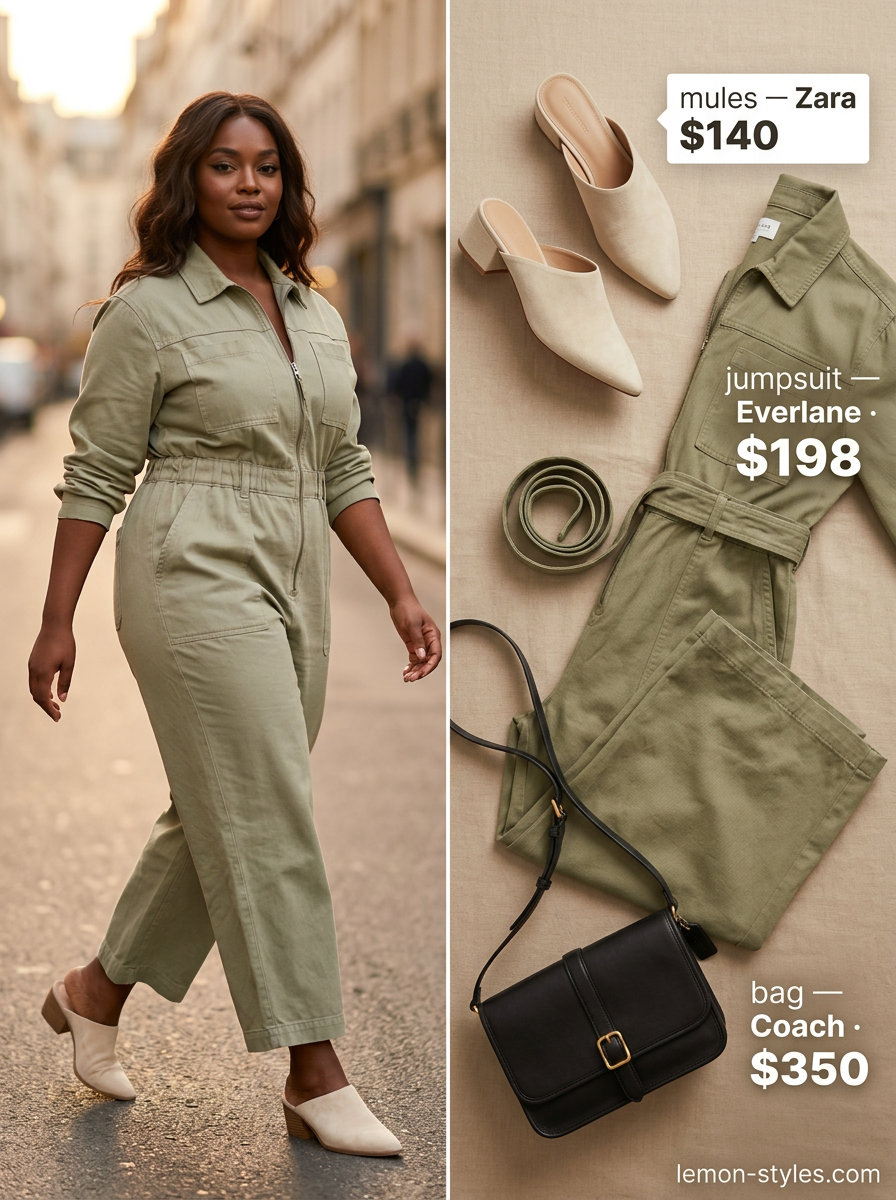 Summer Mule Outfits for Women 2026: Olive green utility jumpsuit with tan belt bag and black leather mules for urban exploration.