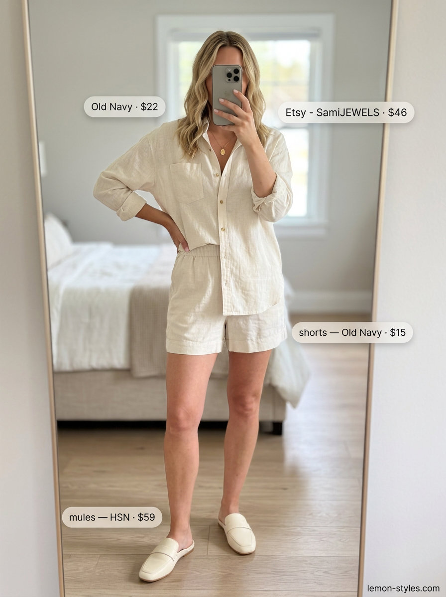 Summer Mule Outfits for Women 2026: Cream linen shorts, oversized shirt, and cream mules for a chic, relaxed look.