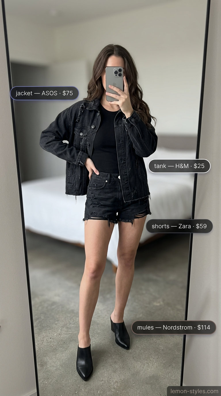 Summer Mule Outfits for Women 2026: Distressed denim shorts, black corset top, black block heel mules for edgy nights.