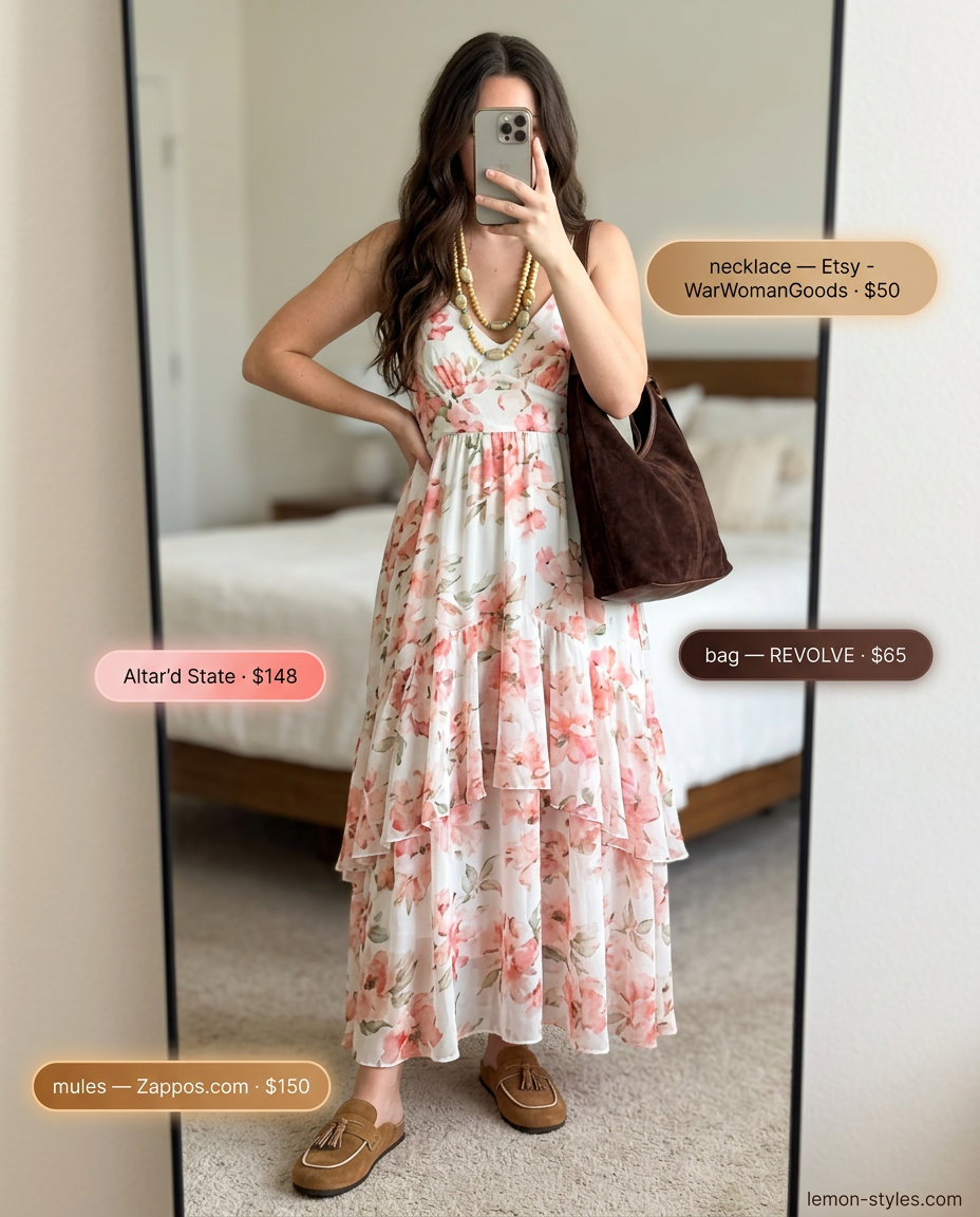 Summer Mule Outfits for Women 2026: Floral maxi dress, faux suede mules for boho festival style.