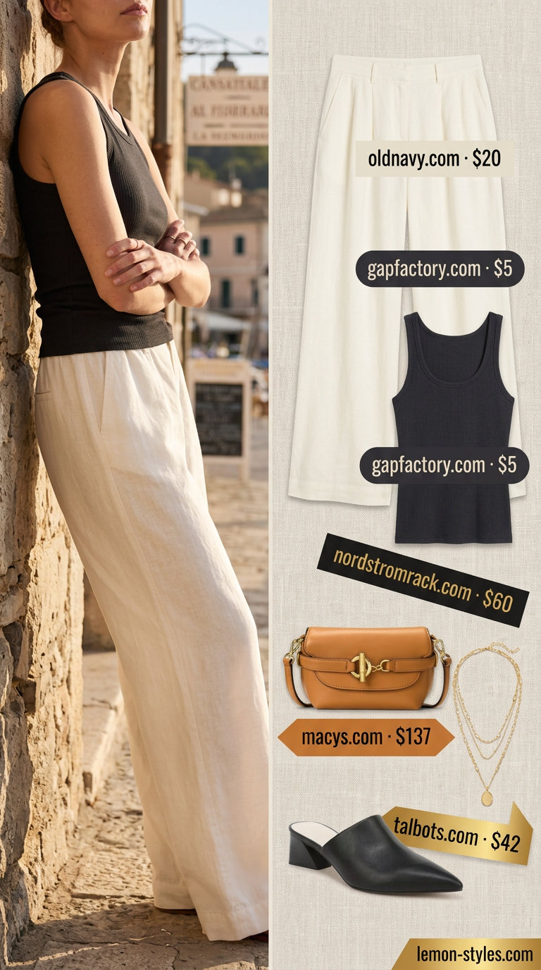 Sophisticated Summer Mule Outfits for Women 2026: Cream linen pants, black knit top, gold jewelry, and black mules for coastal evenings.