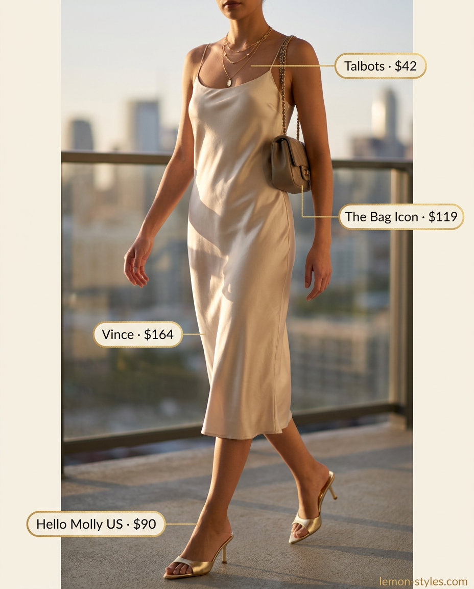 Summer Mule Outfits for Women 2026: Champagne slip dress, gold heeled mules for elegant evening wear.