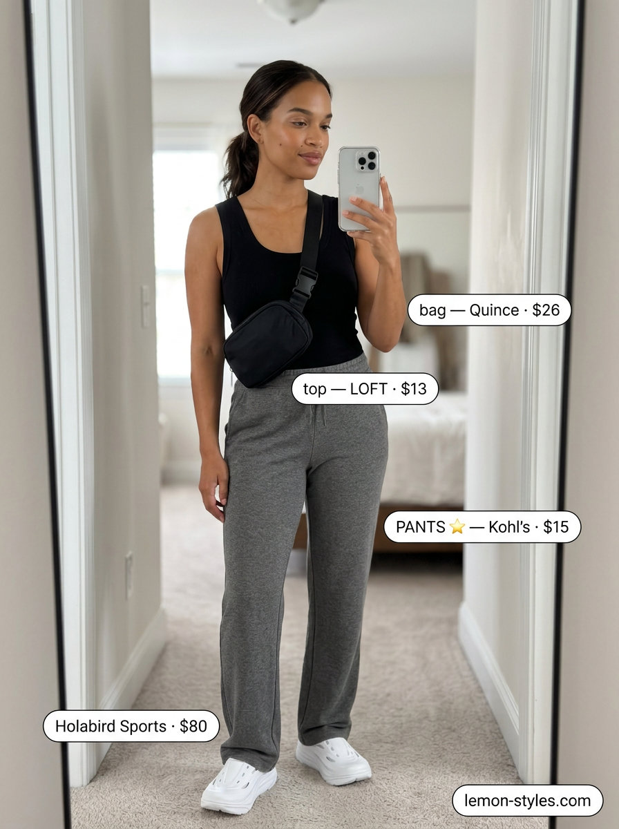 Sporty Summer Mule Outfits for Women 2026: Grey lounge pants, white mules, black tank for travel.