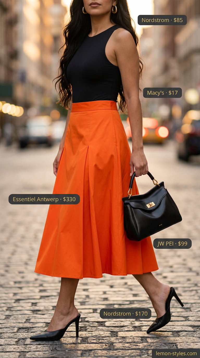 Bold Summer Mule Outfits for Women 2026: Tangerine skirt, black bodysuit, black mules, gold hoops.