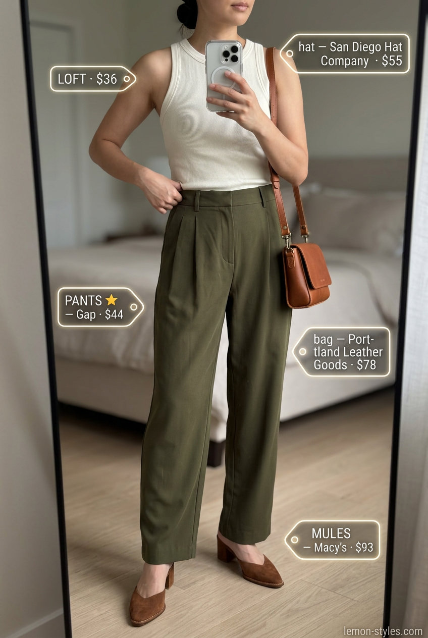 Summer Mule Outfits for Women 2026: Olive wide-leg pants, cream knit tank, tan suede mules for safari chic.