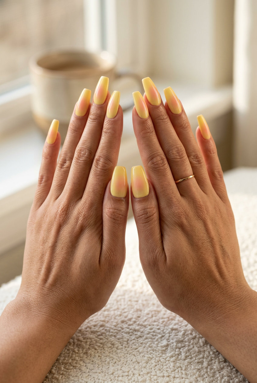 Butter yellow aura coffin nails for summer nail manicure ideas 2026. Whimsical date night style.