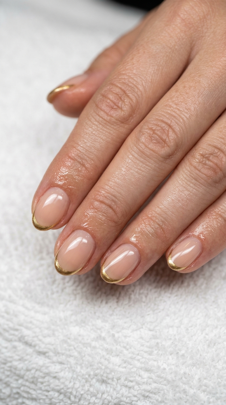 Understated Gold Micro French manicure for summer nail manicure ideas 2026. Sheer nude base with fine gold tips, perfect for daily wear and chic work outfits.