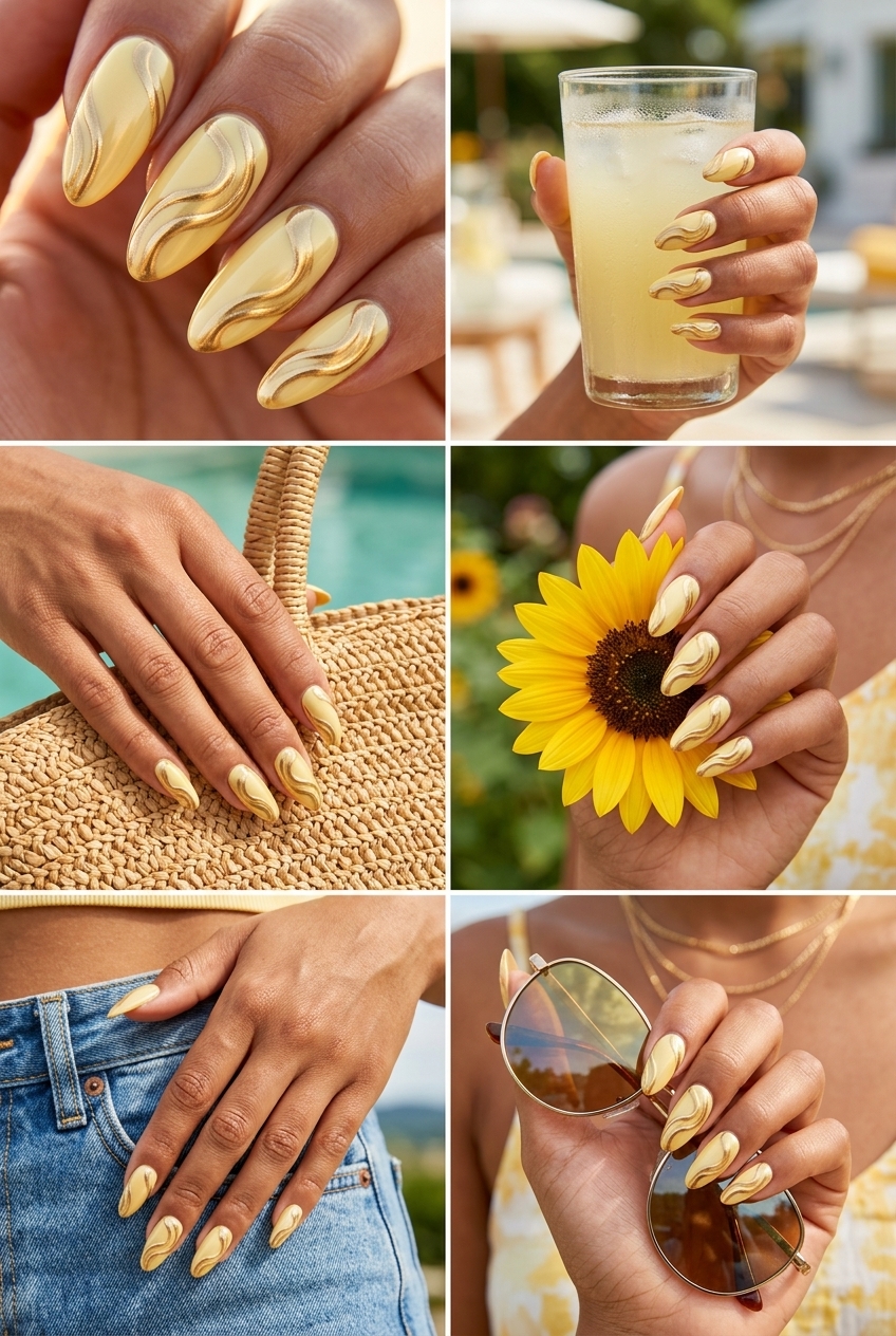 Golden Hour Chrome Swirls summer nail manicure ideas 2026 for parties, date nights. Glamorous and whimsical with butter yellow and gold chrome.