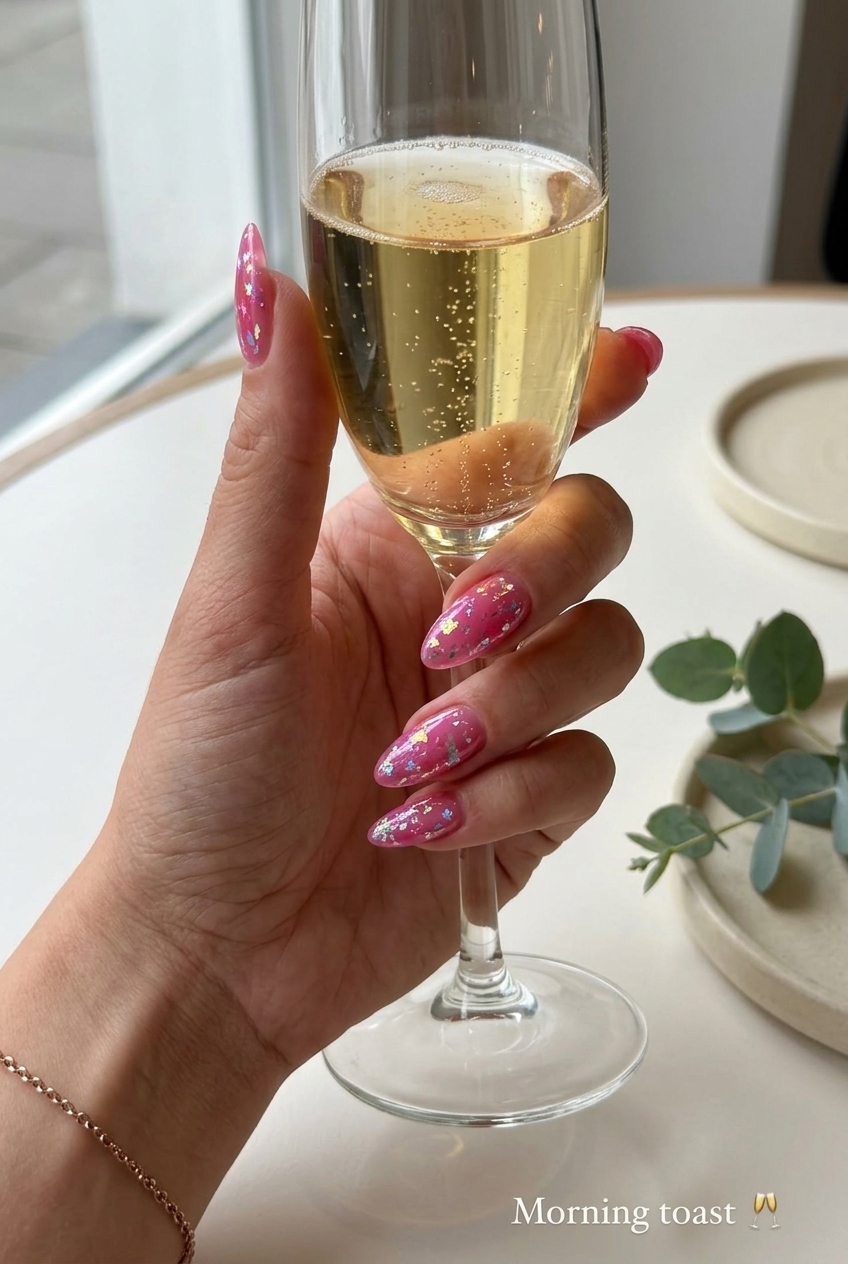 Holographic Jelly Dream summer nail manicure ideas 2026 for vacation, festivals, parties. Playful and dreamy with pink jelly and holographic accents.