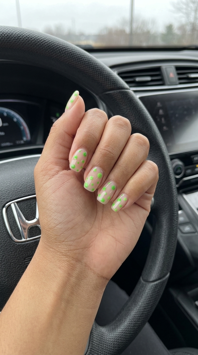 Lime green dots on clear squoval nails for summer nail manicure ideas 2026. Playful casual style.