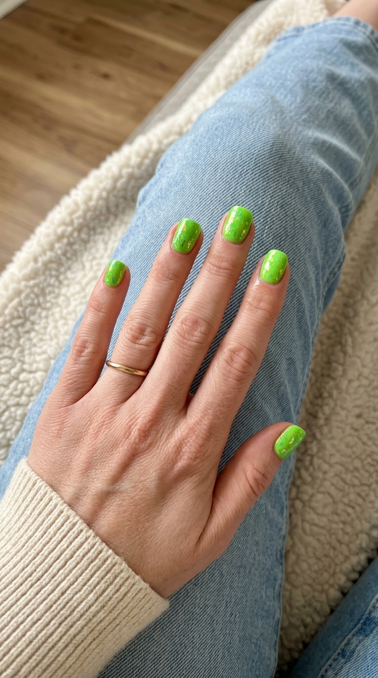 Lime Green Foil Shimmer Stiletto summer nail manicure ideas 2026 for festivals, nights out. Edgy and bold with electric lime green and foil.