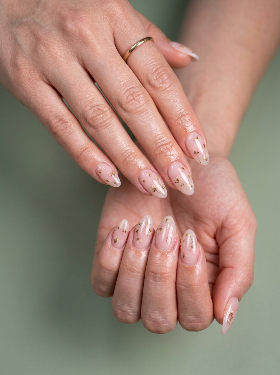 Petal Soft Milk Bath Almond nails for summer nail manicure ideas 2026. Romantic sheer pink with embedded dried flowers for weddings and date nights.