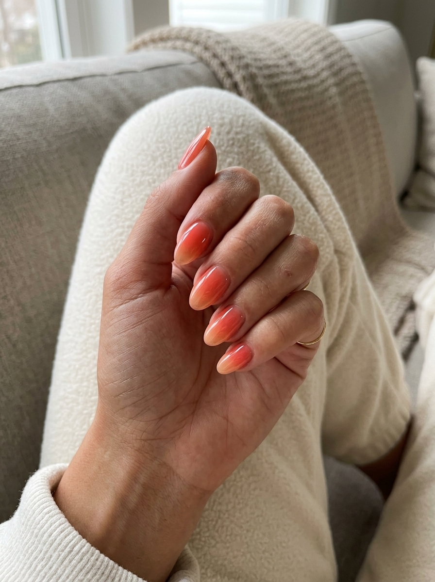 Sunset jelly fade ombre nails for summer nail manicure ideas 2026. Sultry vacation style.