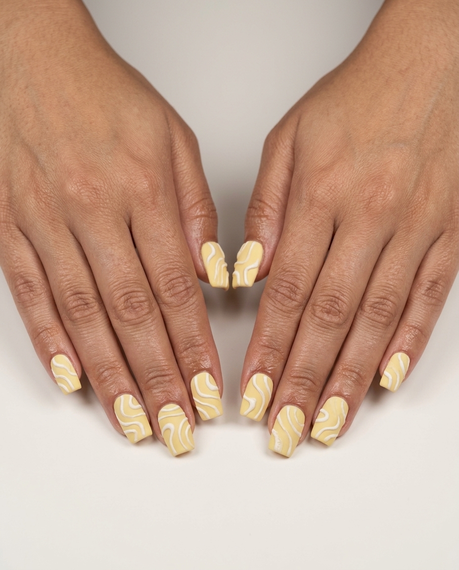 Sunshine Texture Art summer nail manicure ideas 2026 for date night, work, brunch. Sophisticated matte butter yellow with raised white lines.