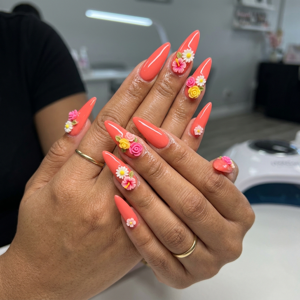 Tropical Bloom Coral Charms summer nail manicure ideas 2026 for festivals, vacations, parties. Glamorous and bold with coral and floral charms.