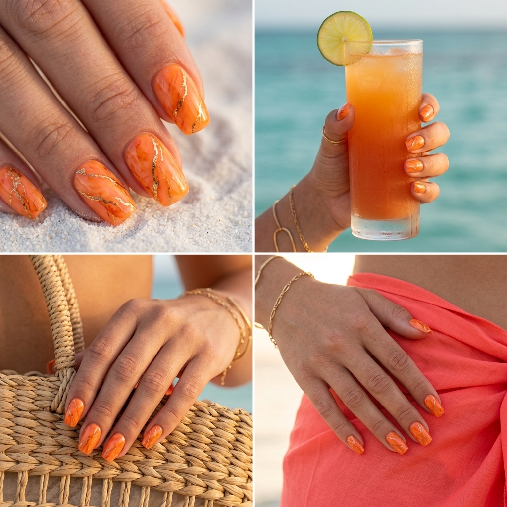 Tropical Coral Marble Swirl summer nail manicure ideas 2026 for vacation, beach day, brunch. Bohemian style with coral, peach, white, gold.