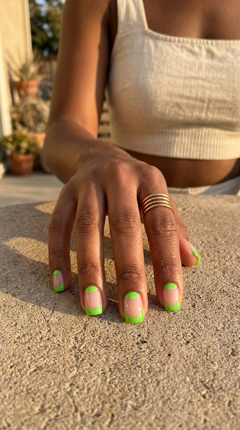 Zesty Lime Green Reverse French summer nail manicure ideas 2026 for casual weekend, lunch. Playful and fresh with vibrant lime green.