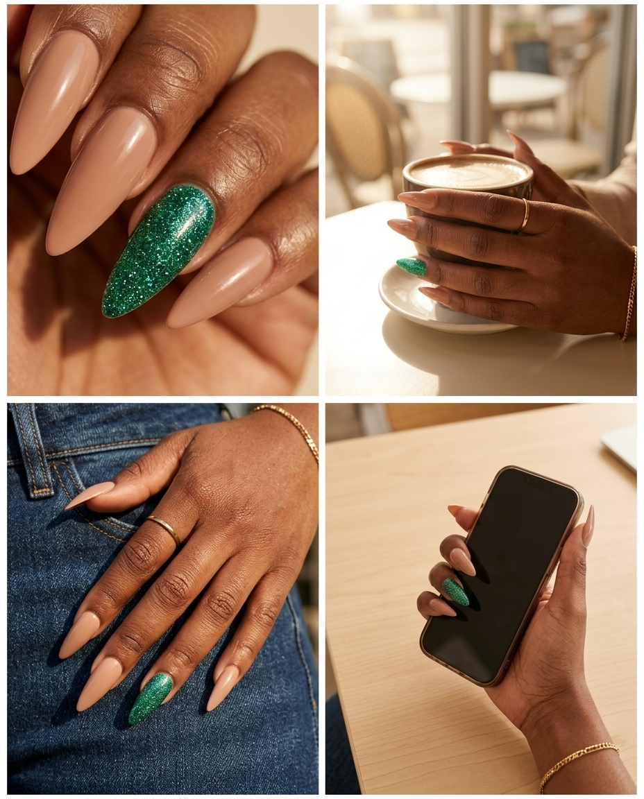 Emerald Glitter Stiletto Nails 2026: Glamorous Party Emerald Green Glitter Accent Stiletto nails for dark skin 2026: glamorous, bold summer party look with sparkle.