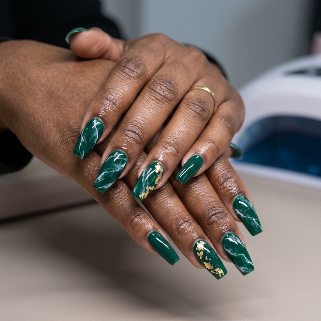 Emerald Marble Gold Leaf Nails 2026: Luxe Elegance Emerald Marble & Gold Leaf nails for dark skin 2026: luxurious, sophisticated wedding guest look with metallic accents.
