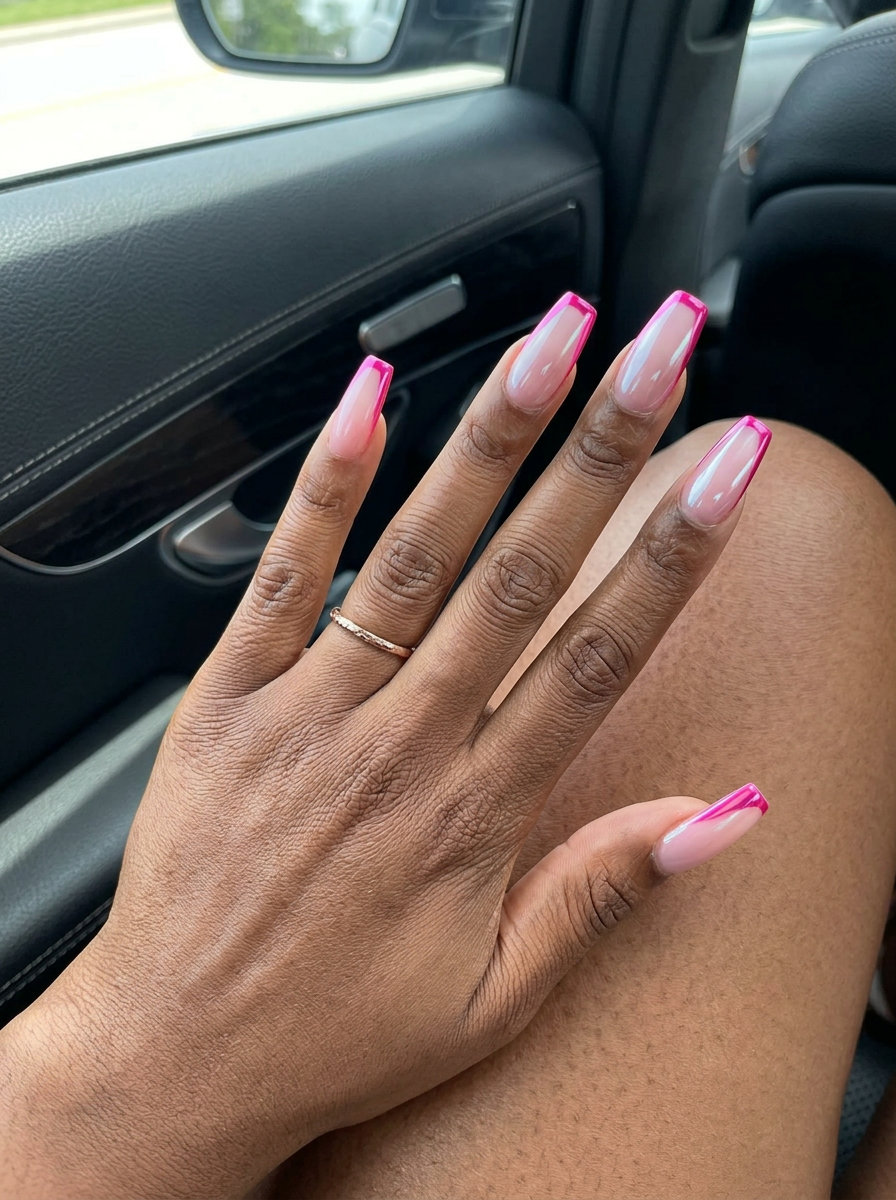 Hot Pink Chrome Nails 2026: Edgy Date Night Style Hot Pink Chrome Reverse French nails for dark skin 2026: edgy, bold date night look with chrome cuticle detail.