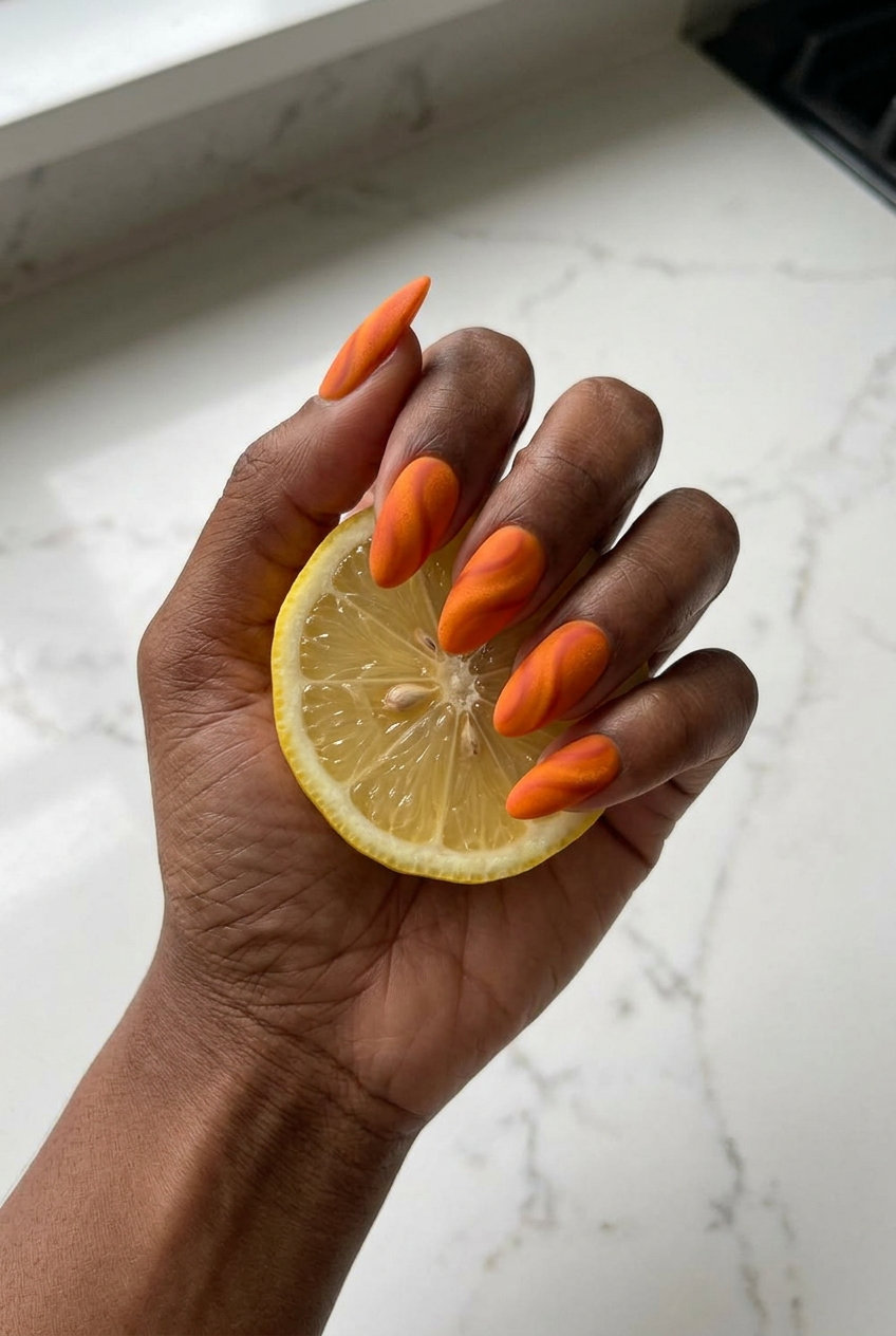Vibrant Orange Velvet Swirls 2026 Bold vibrant orange velvet swirls nails for summer nails for dark skin 2026. Artistic party style.