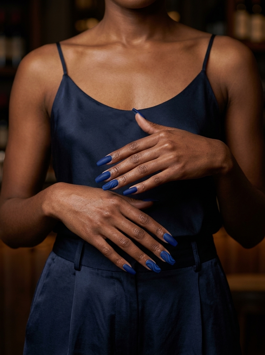 Sapphire Velvet Swirls Nails 2026 Sophisticated sapphire blue velvet swirls nails for summer nails for dark skin 2026. Elegant for work or date night.