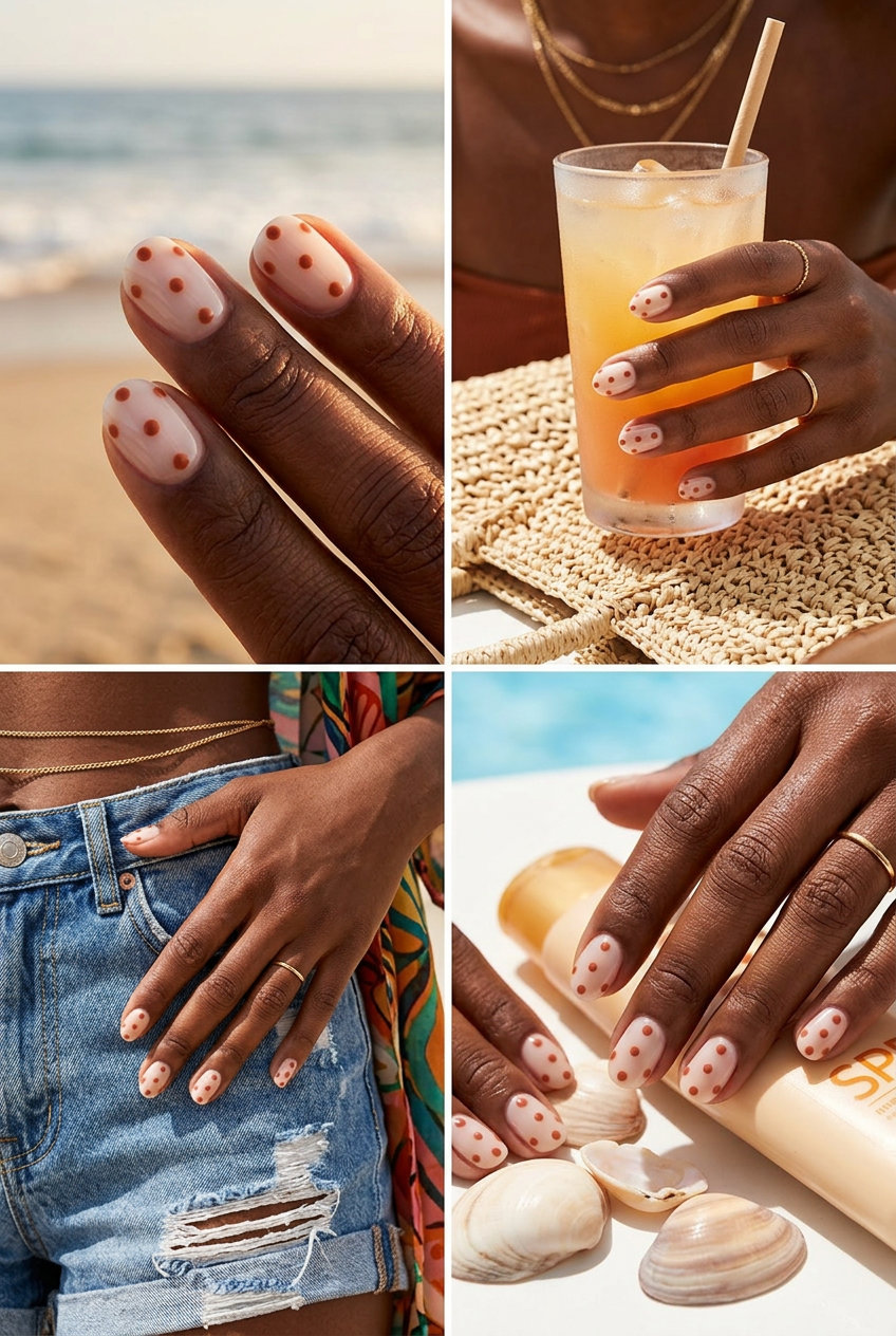 Terracotta Dots on Nude Nails 2026 Playful terracotta dots on nude nails for summer nails for dark skin 2026. Casual and work-appropriate.