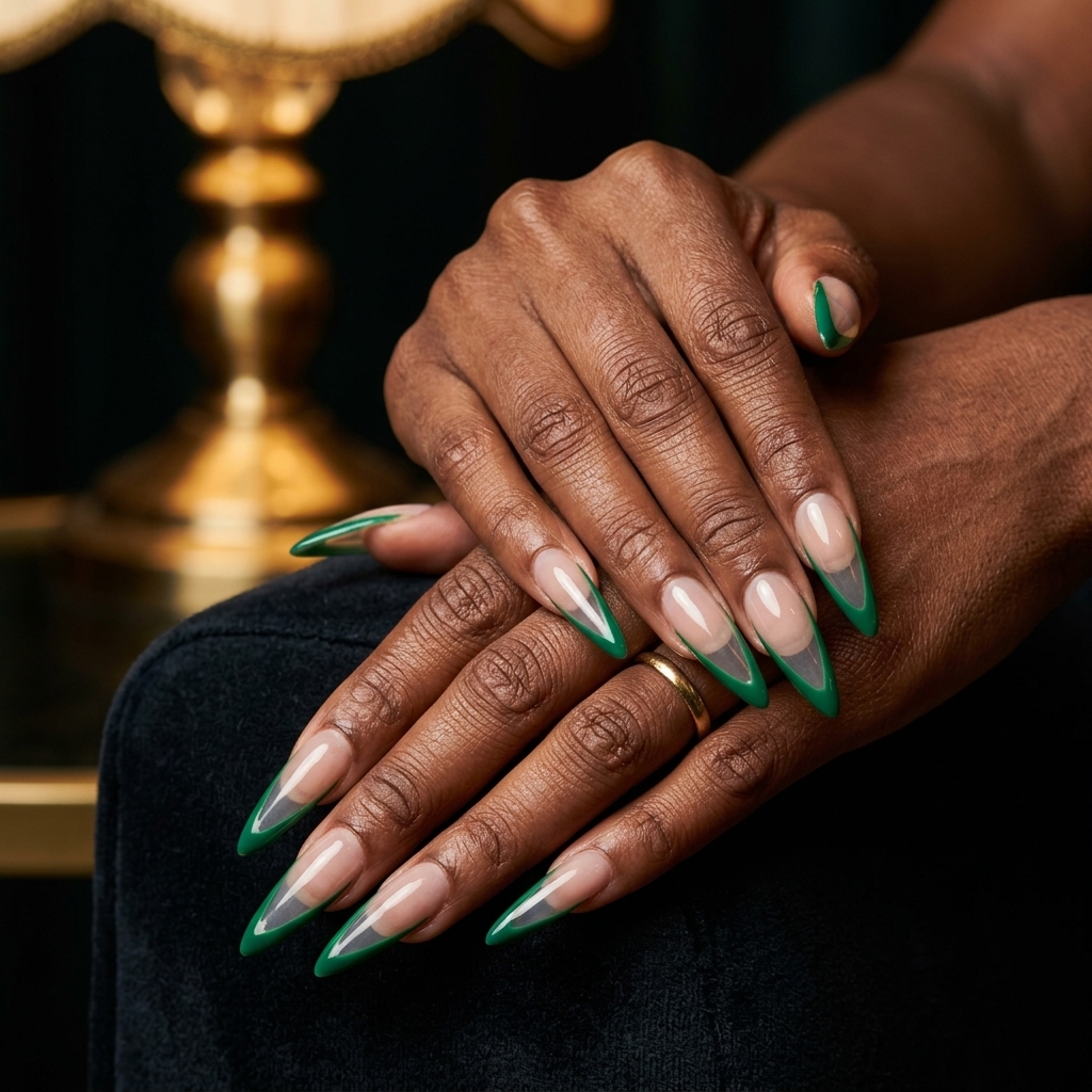 Emerald Outline Stiletto Nails 2026: Party Emerald green stiletto outline nails for parties 2026. Edgy, sophisticated night out style.