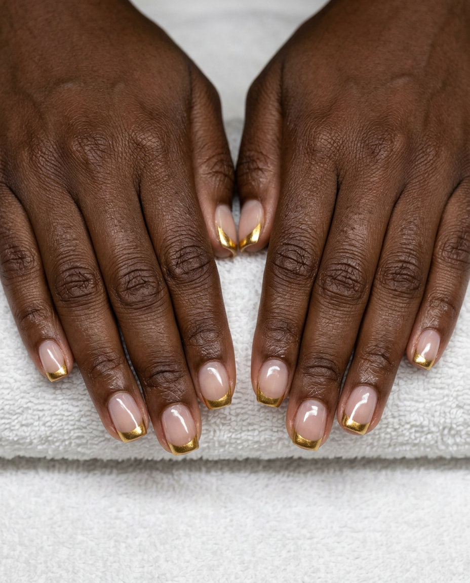 Gold French Tip Nails 2026: Formal Event Metallic gold French tip on nude nails for formal events 2026. Elegant, chic bridal style.
