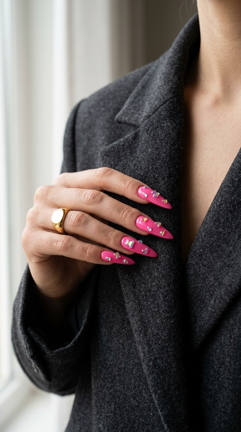Hot Pink Charm Nails 2026: Festival Style Maximalist hot pink 3D charm nails for summer parties 2026. Fun, whimsical festival style.