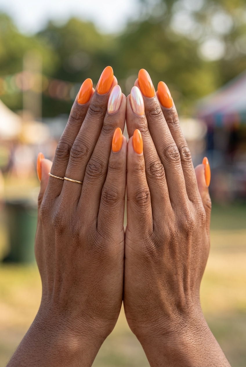 Orange Glazed Accent Nails 2026: Festival Vibrant orange glazed donut accent nails for festivals 2026. Playful, radiant vacation style.