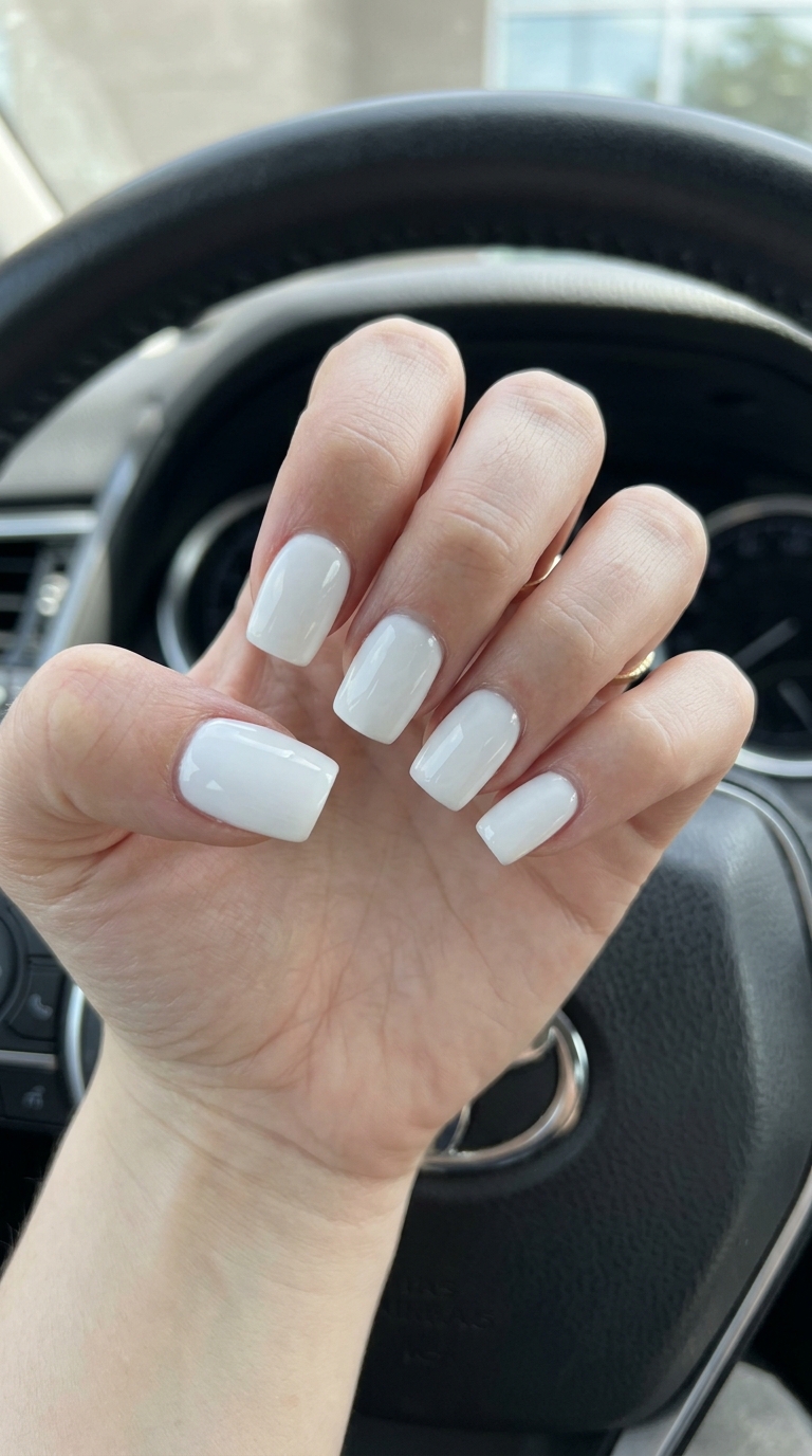 Bold Summer Nails Square Medium 2026 Summer nails square medium 2026: Bold bright white with a glossy finish for a modern summer event look.