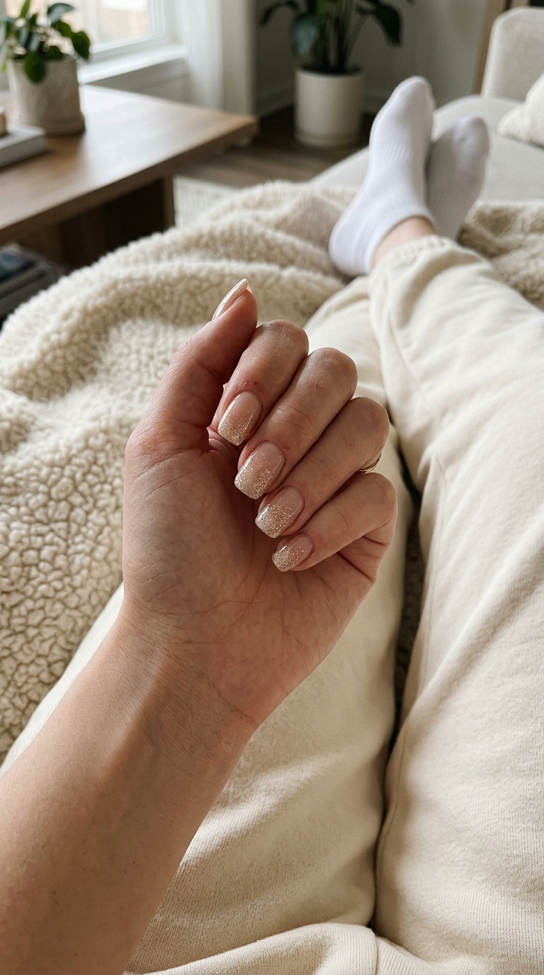 Glamorous Summer Nails Square Medium 2026 Summer nails square medium 2026: Champagne glitter fade for glamorous wedding guest or summer party looks.