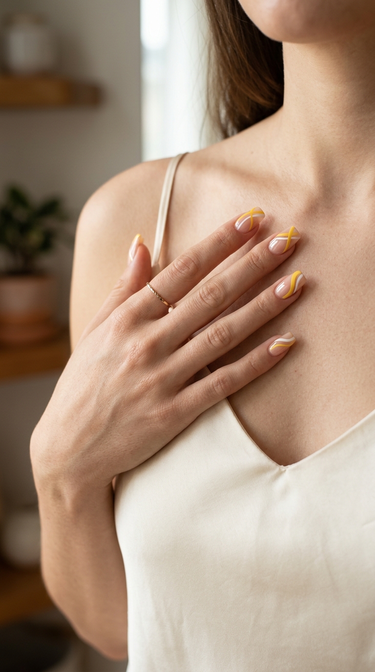 Playful Summer Nails Square Medium 2026 Summer nails square medium 2026: Abstract citrus stripes for a playful festival or casual weekend look.