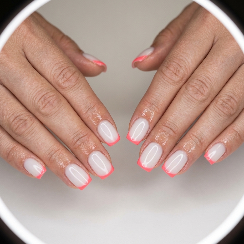 Coral French Tip Nails 2026 | Playful Summer Style Coral Pop French Square nails for summer 2026: milky white base with vibrant coral French tip.